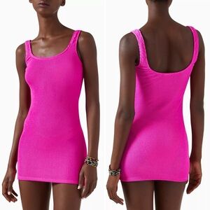 Good American Always Fits Mini Tank Dress Stretch Crinkle Bodycon Hawaiian Pink